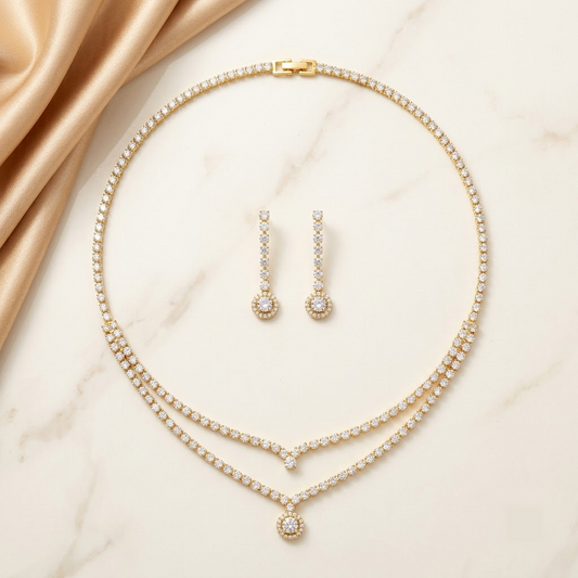 Layered Crystal Tennis Necklace & Drop Earrings Set | Lady Zone