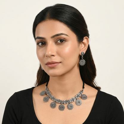 Oxidized Silver Floral Charm Choker Necklace Set | Lady Zone