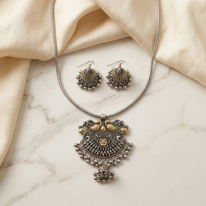 Dual-Tone Oxidized Peacock Pendant Necklace Set | Lady Zone
