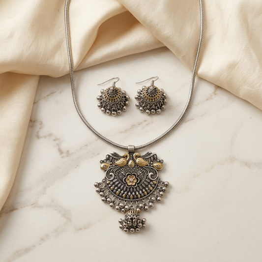 Dual-Tone Oxidized Peacock Pendant Necklace Set | Lady Zone