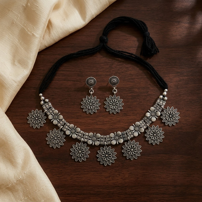Oxidized Silver Floral Charm Choker Necklace Set | Lady Zone