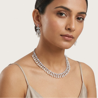 Crystal & Pearl Floral Drop Necklace Set | Lady Zone