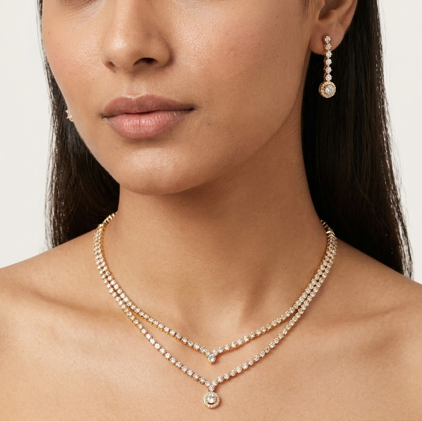 Layered Crystal Tennis Necklace & Drop Earrings Set | Lady Zone