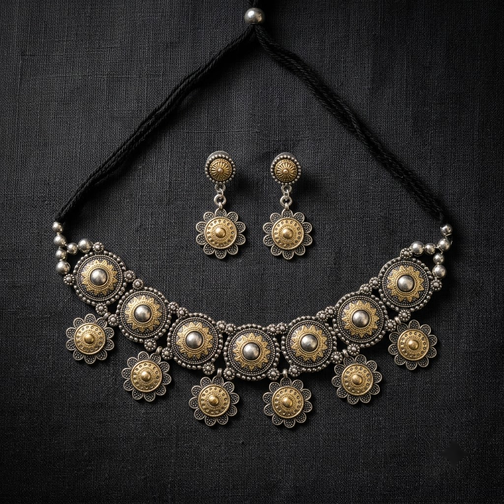 Dual-Tone Oxidized Floral Mandala Choker Set | Lady Zone