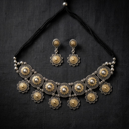 Dual-Tone Oxidized Floral Mandala Choker Set | Lady Zone