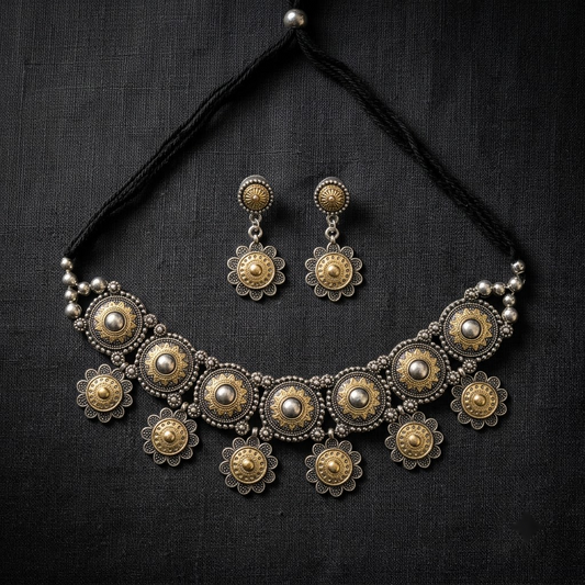 Dual-Tone Oxidized Floral Mandala Choker Set | Lady Zone