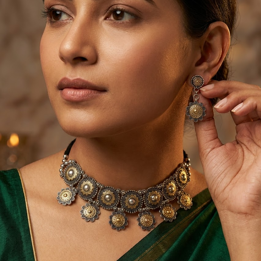 Dual-Tone Oxidized Floral Mandala Choker Set | Lady Zone