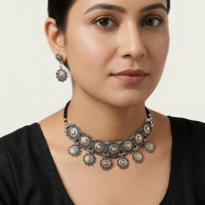 Dual-Tone Oxidized Floral Mandala Choker Set | Lady Zone