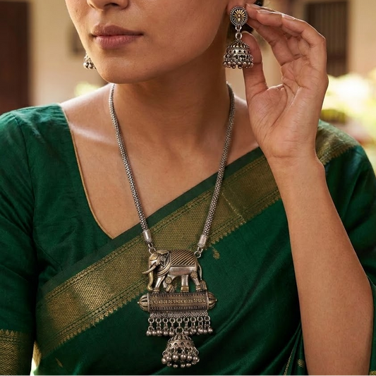Oxidized Elephant & Jhumki Pendant Necklace Set | Lady Zone