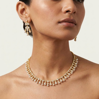 Crystal & Pearl Floral Drop Necklace Set | Lady Zone