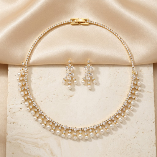 Crystal & Pearl Floral Drop Necklace Set | Lady Zone