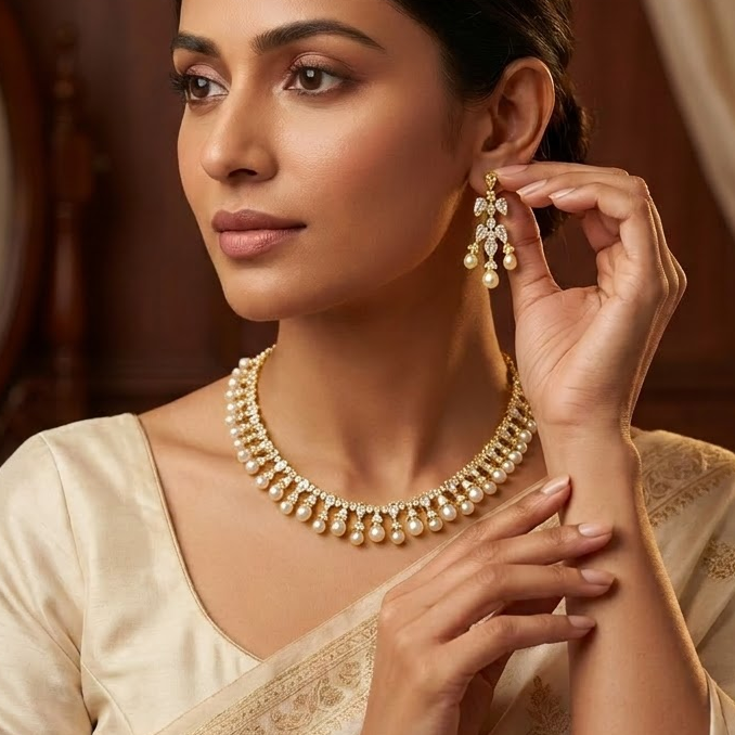 Crystal & Pearl Floral Drop Necklace Set | Lady Zone