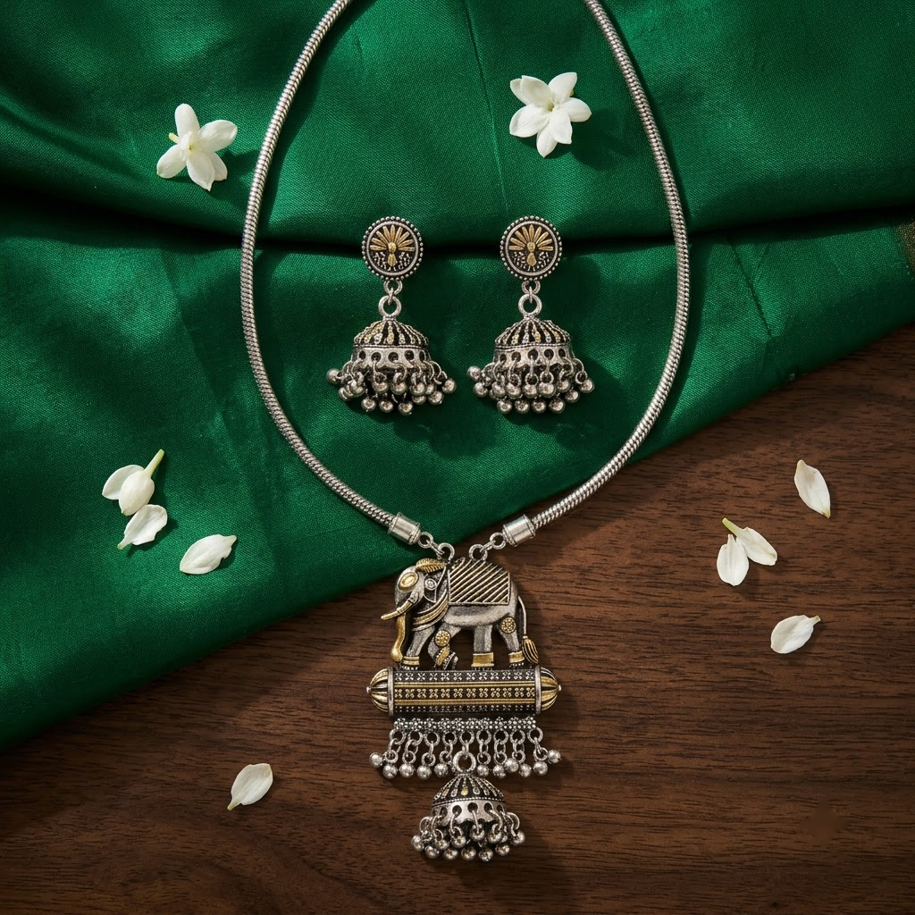 Oxidized Elephant & Jhumki Pendant Necklace Set | Lady Zone