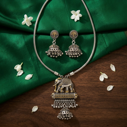 Oxidized Elephant & Jhumki Pendant Necklace Set | Lady Zone