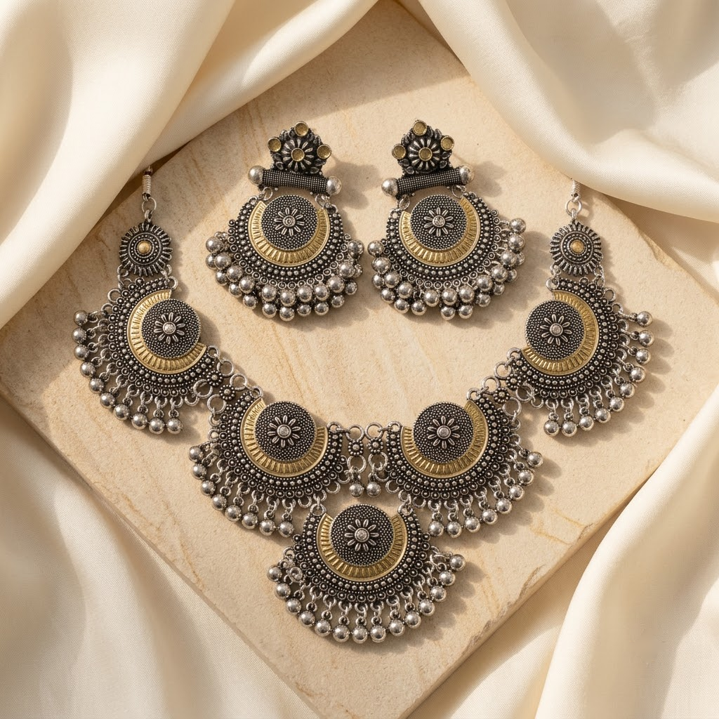 Oxidized Silver Chandbali Statement Necklace Set | Lady Zone