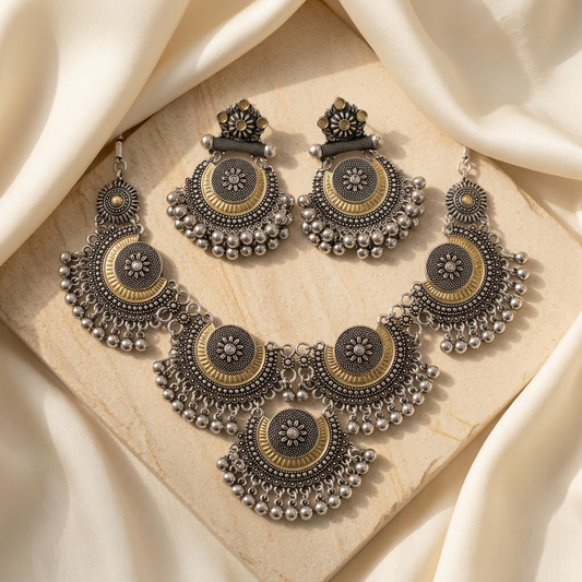 Oxidized Silver Chandbali Statement Necklace Set | Lady Zone