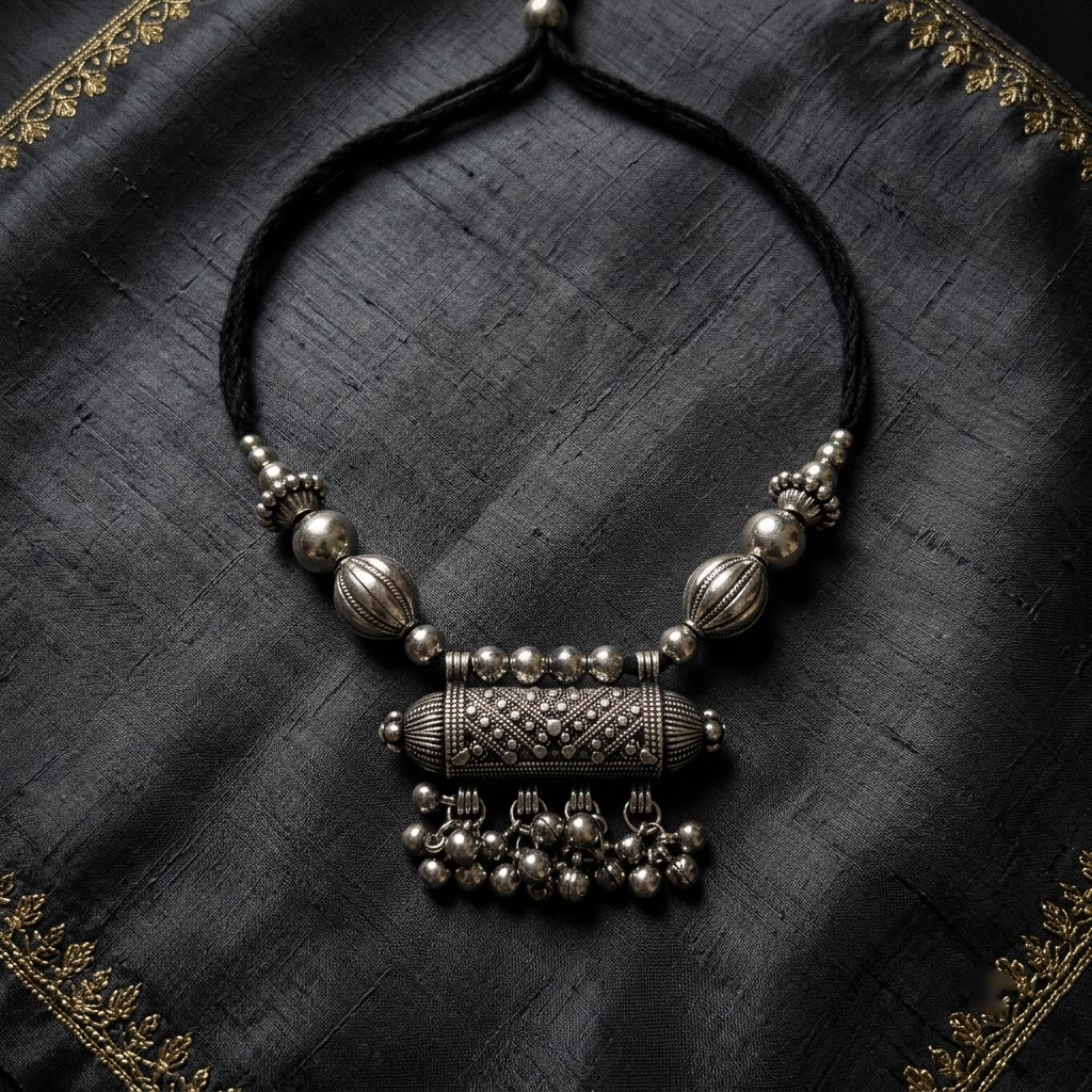 Vintage Oxidized Dholki Pendant Thread Necklace | Lady Zone