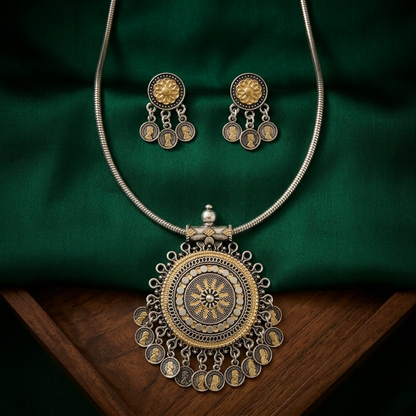 Dual-Tone Oxidized Silver Coin Necklace set | Lady Zone