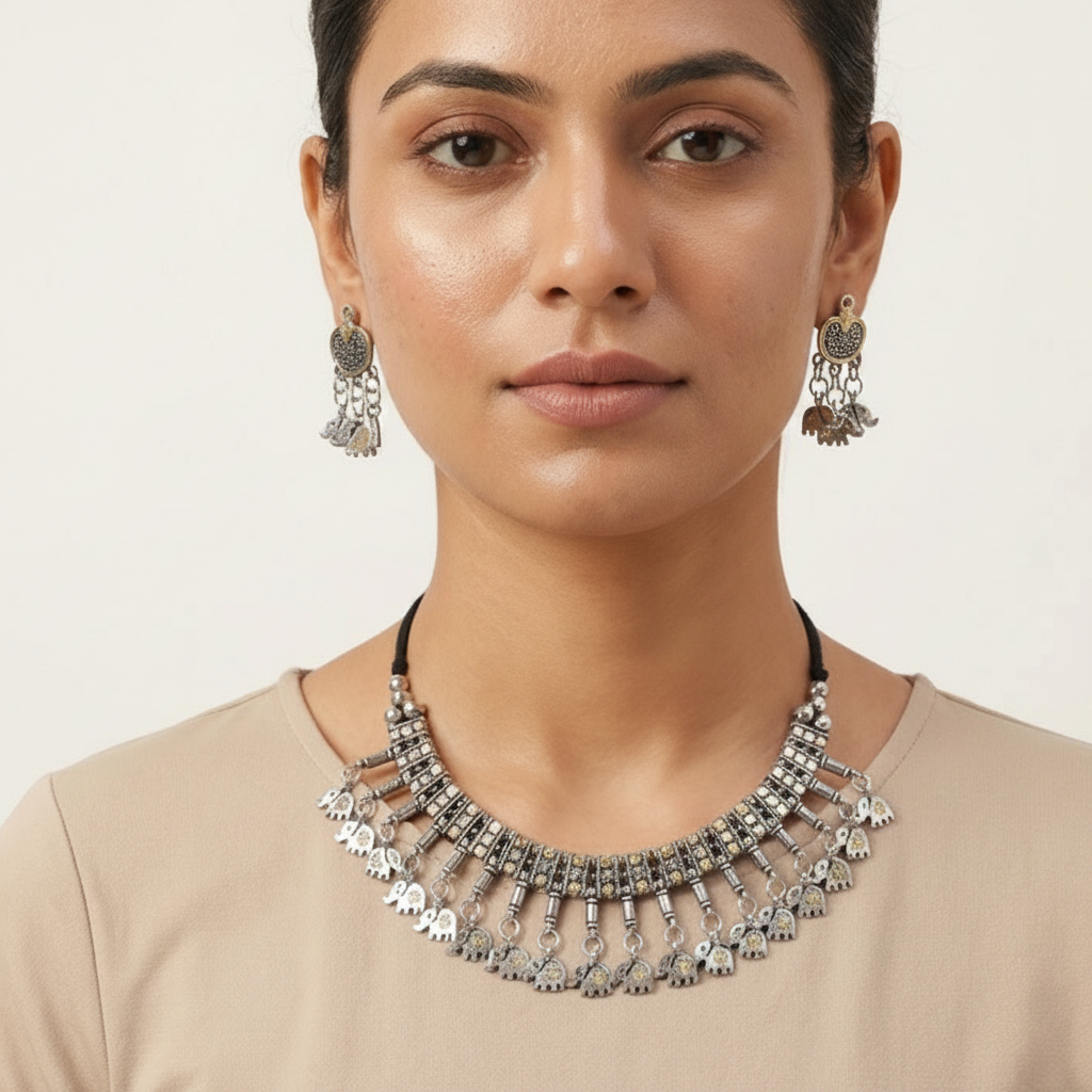 Dual-Tone Oxidized Elephant Motif Choker Set | Lady Zone
