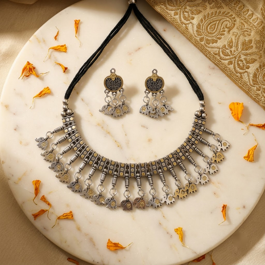 Dual-Tone Oxidized Elephant Motif Choker Set | Lady Zone