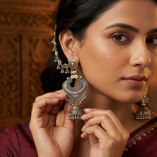 Oxidized Jhumka Earrings with Hair Chain(Kanser) | Lady Zone