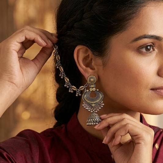 Oxidized Jhumka Earrings with Hair Chain(Kanser) | Lady Zone