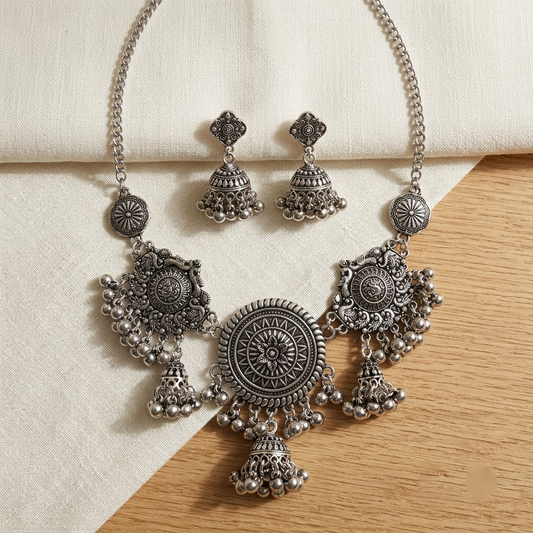 Oxidized Mandala & Jhumki Statement Necklace Set | Lady Zone