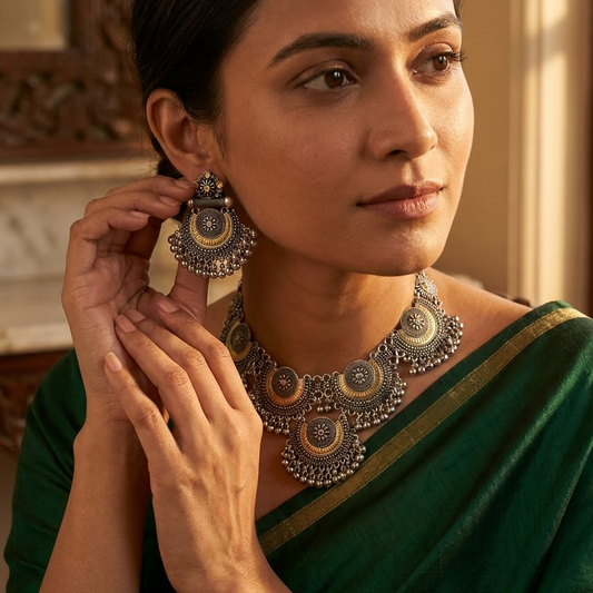 A woman wearing an ornate silver-toned traditional necklace and matching earrings, with her hand adjusting one earring. She is dressed in a dark green sari with a gold border, set against a warm, softly lit indoor background.