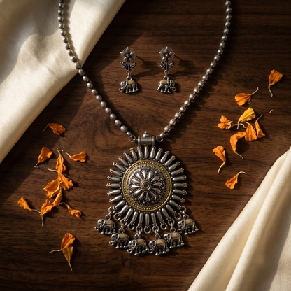 Dual-Tone Oxidized Sunburst Elephant Necklace Set | Lady Zone