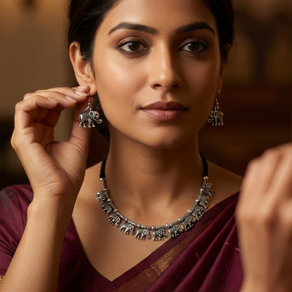Oxidized Silver Tribal Elephant Choker Set | Lady Zone