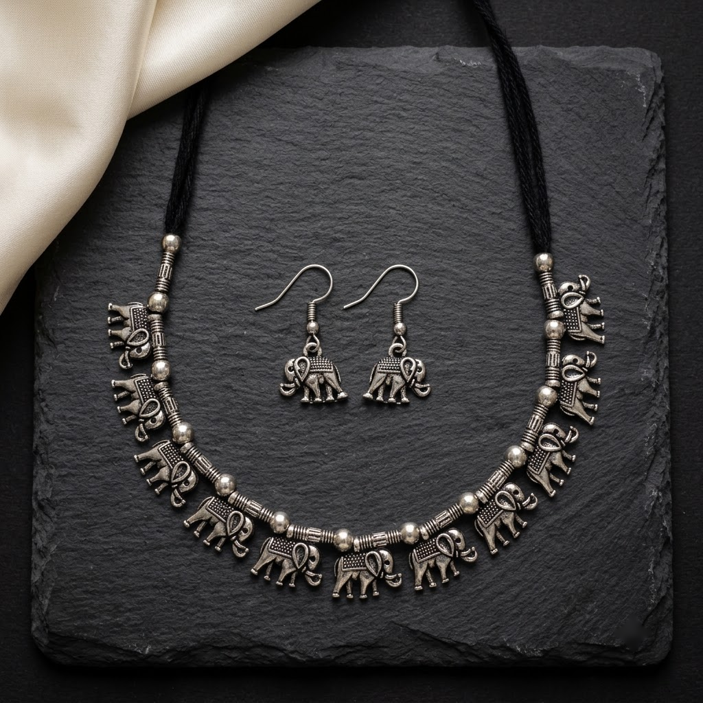 Oxidized Silver Tribal Elephant Choker Set | Lady Zone