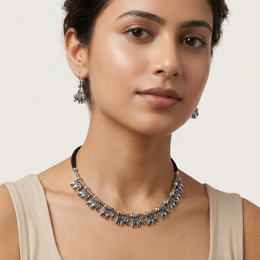 Oxidized Silver Tribal Elephant Choker Set | Lady Zone