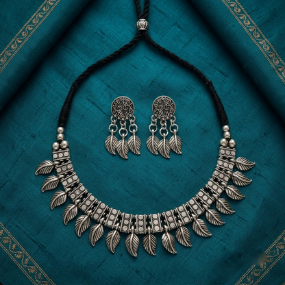 Oxidized Leaf Motif Choker Necklace Set | Lady Zone
