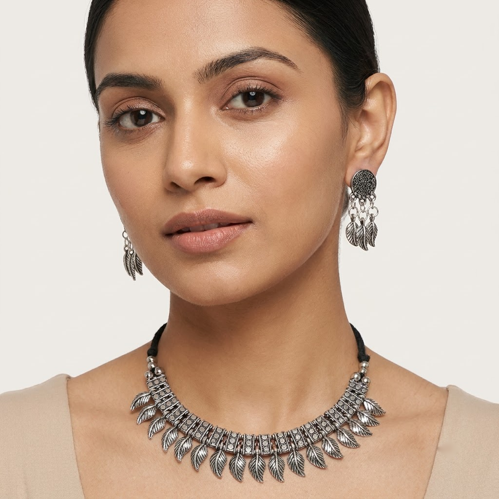 Oxidized Leaf Motif Choker Necklace Set | Lady Zone