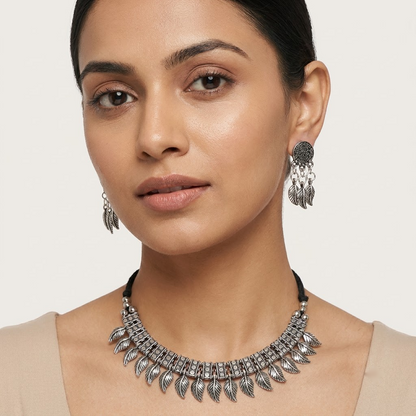 Oxidized Leaf Motif Choker Necklace Set | Lady Zone