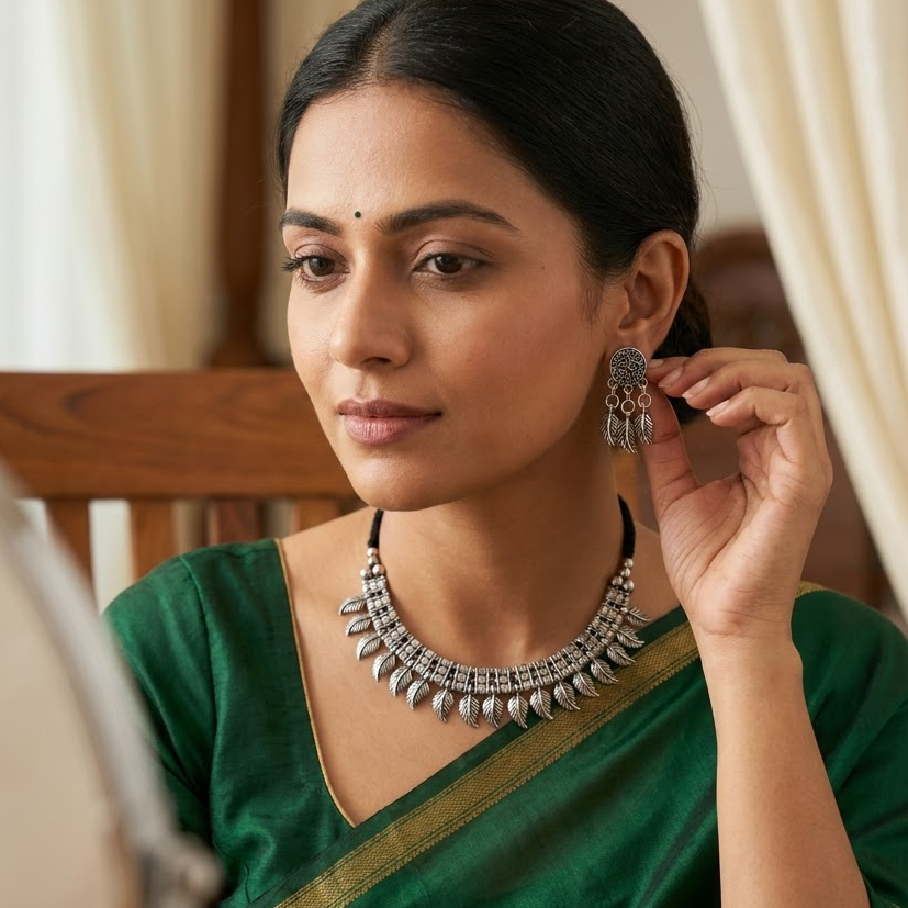 Oxidized Leaf Motif Choker Necklace Set | Lady Zone