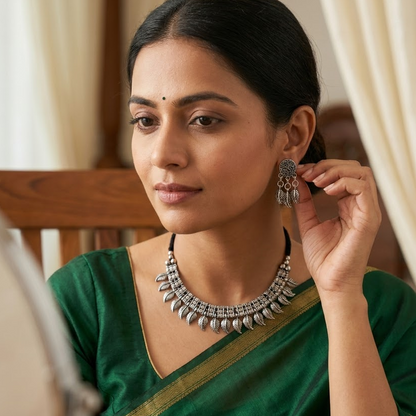 Oxidized Leaf Motif Choker Necklace Set | Lady Zone