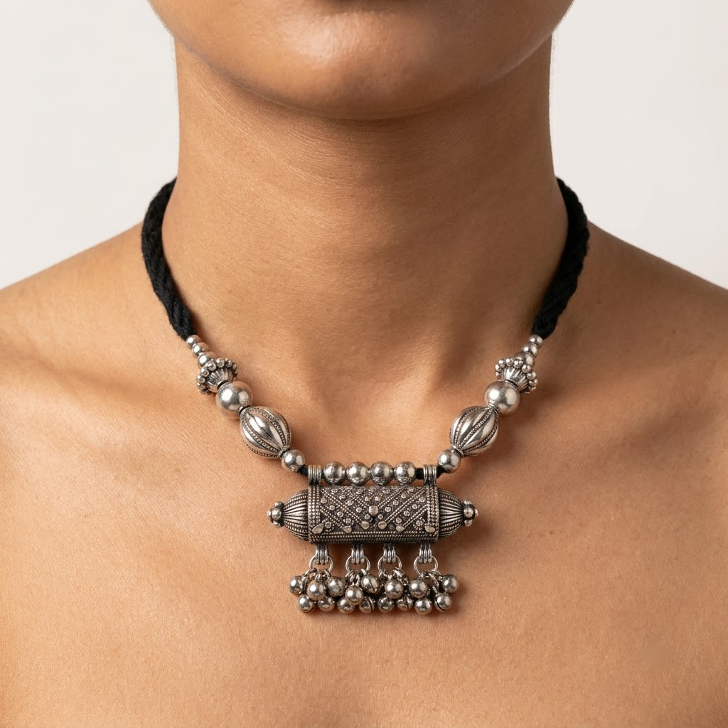 Vintage Oxidized Dholki Pendant Thread Necklace | Lady Zone