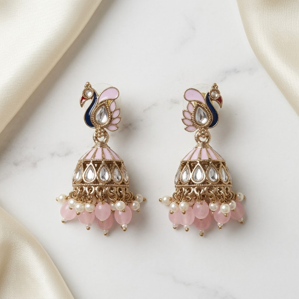 Kundan & Enamel Peacock Jhumkas | Lady Zone