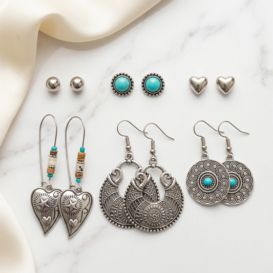 6-Pair Boho Oxidized Silver & Turquoise Earring Set | Lady Zone