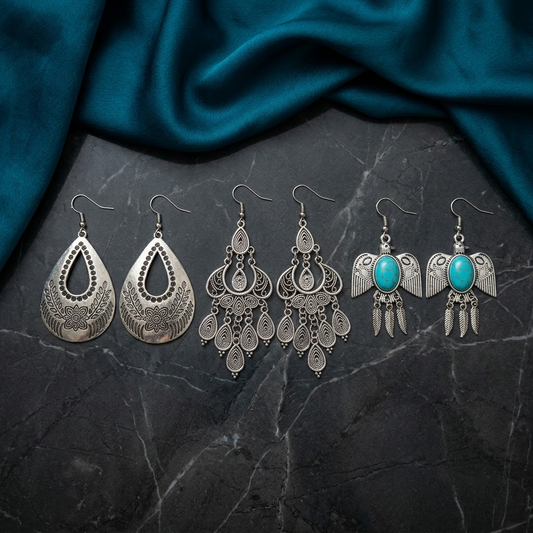 3-Pair Boho Oxidized Statement Dangle Earring Set | Lady Zone