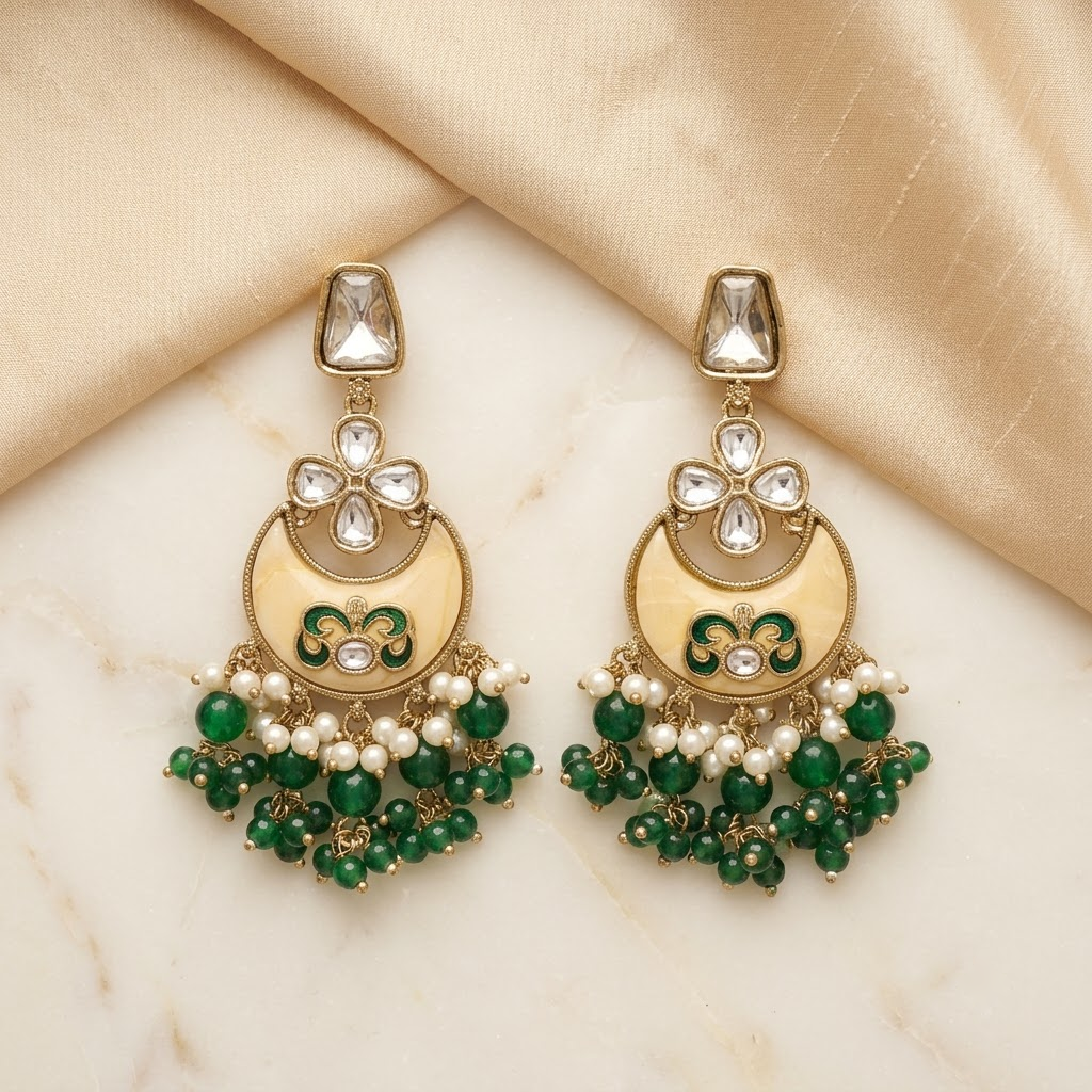 Enamel & Kundan Chandbali Drop Earrings | Lady Zone
