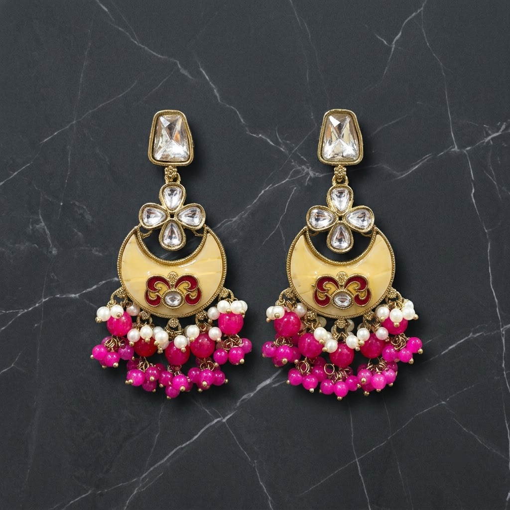 Enamel & Kundan Chandbali Drop Earrings | Lady Zone
