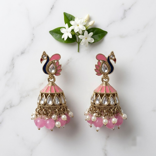 Kundan & Enamel Peacock Jhumkas | Lady Zone