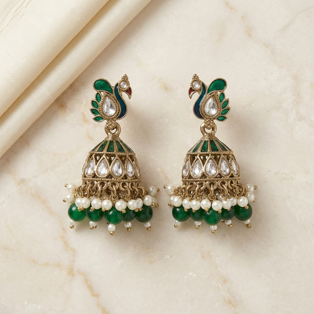 Kundan & Enamel Peacock Jhumkas | Lady Zone