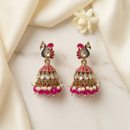 Kundan & Enamel Peacock Jhumkas | Lady Zone