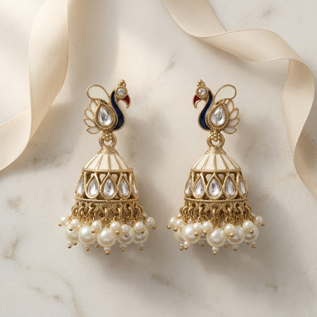 Kundan & Enamel Peacock Jhumkas | Lady Zone