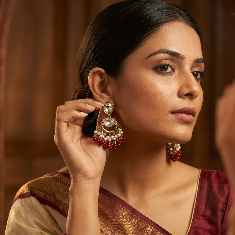 Kundan & Beaded Crescent Drop Earrings | Lady Zone