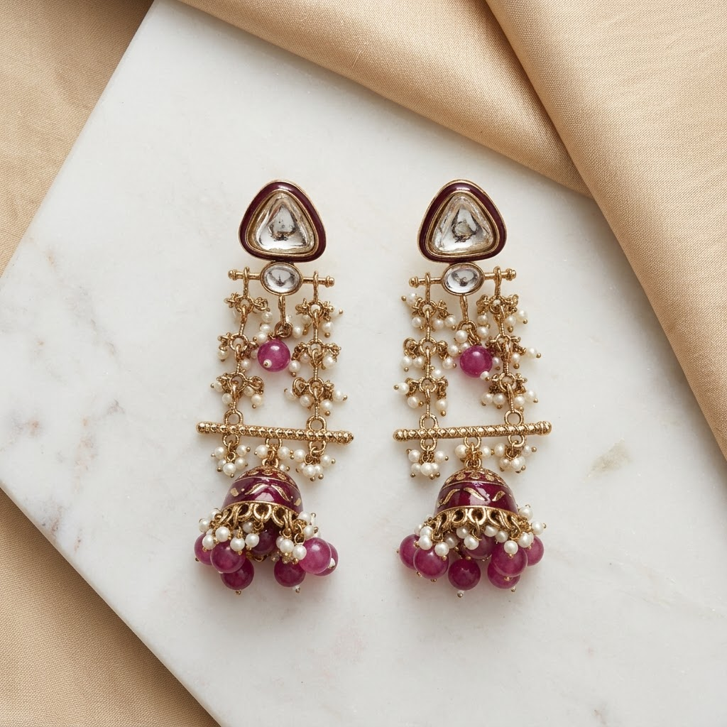 Long Enamel Kundan Jhumki Drop Earrings | Lady Zone
