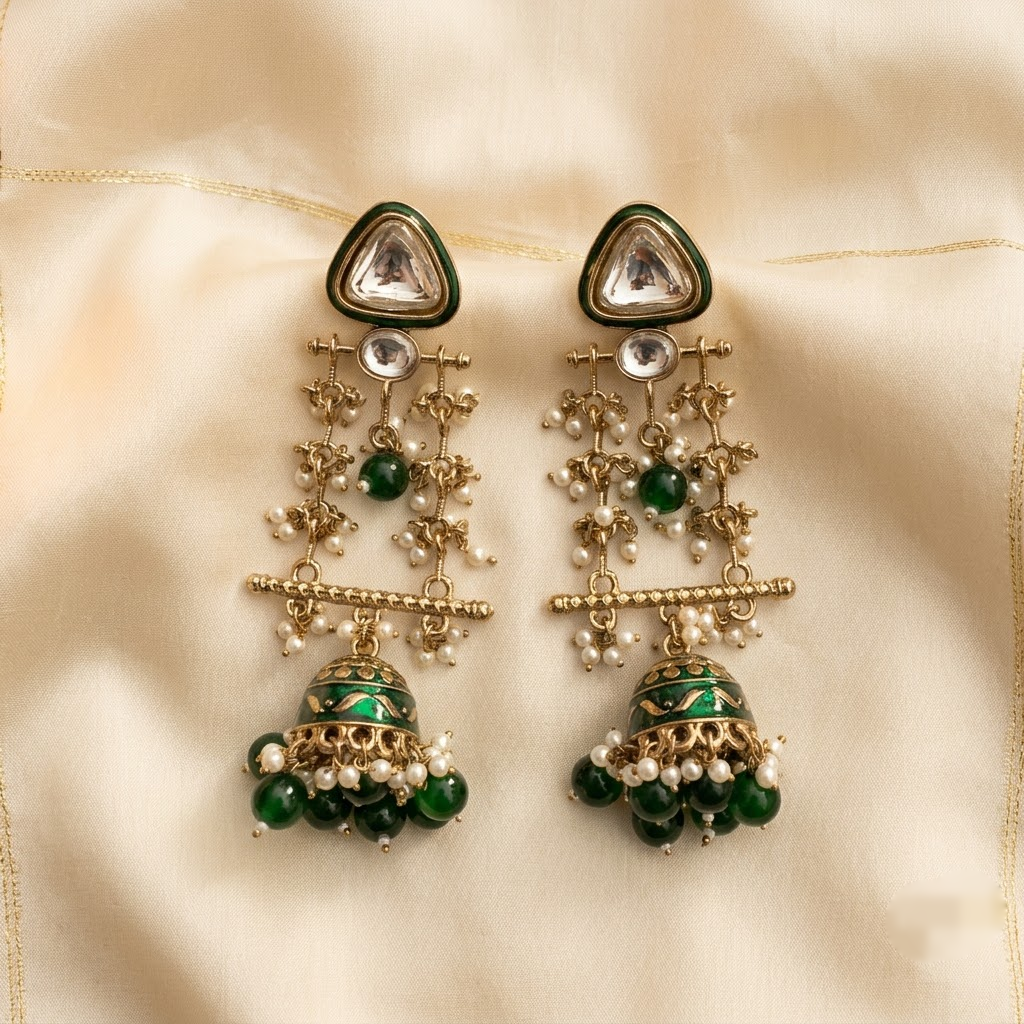 Long Enamel Kundan Jhumki Drop Earrings | Lady Zone